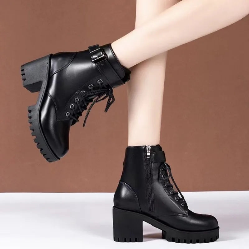 Women’s Lace-Up Platform Ankle Boots – Chunky Block Heel Side-Zip Winter Boots