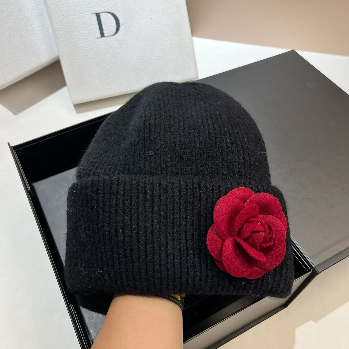 Women’s Rabbit-Fur Knit Winter Beanie – Soft Ribbed Warm Hat with Camellia Flower Detail