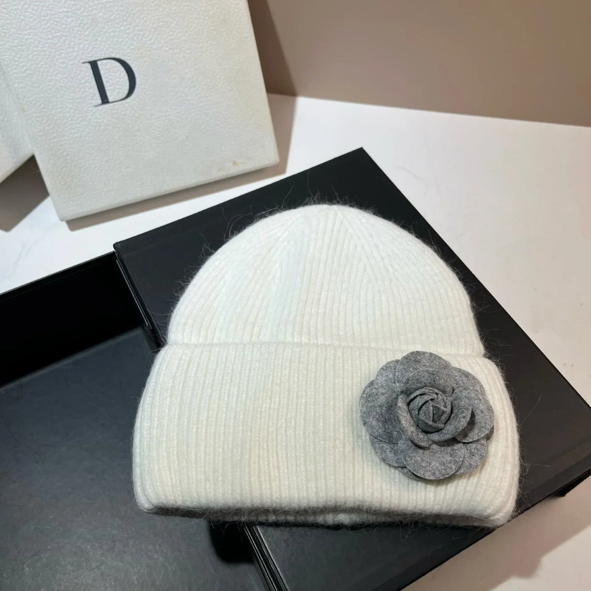 Women’s Rabbit-Fur Knit Winter Beanie – Soft Ribbed Warm Hat with Camellia Flower Detail
