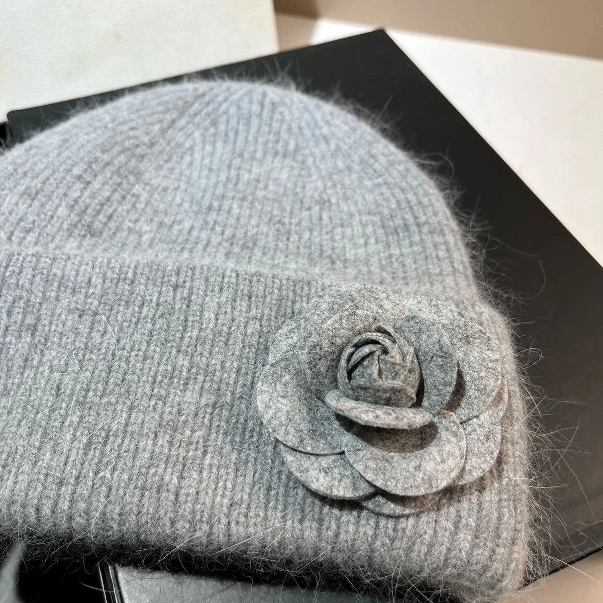 Women’s Rabbit-Fur Knit Winter Beanie – Soft Ribbed Warm Hat with Camellia Flower Detail