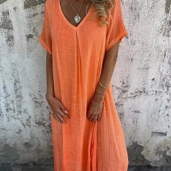 Short-Sleeve V-Neck Maxi Dress