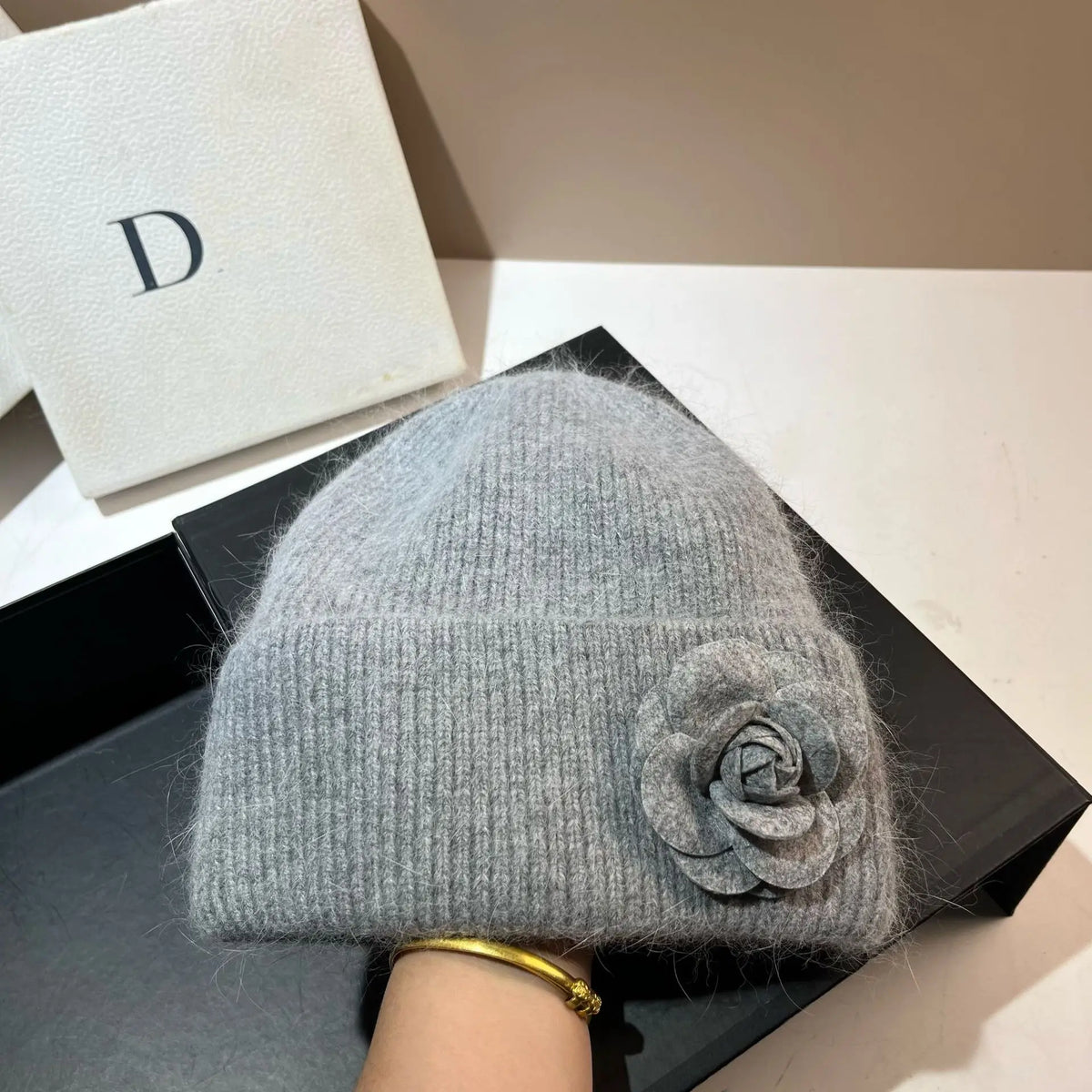 Women’s Rabbit-Fur Knit Winter Beanie – Soft Ribbed Warm Hat with Camellia Flower Detail