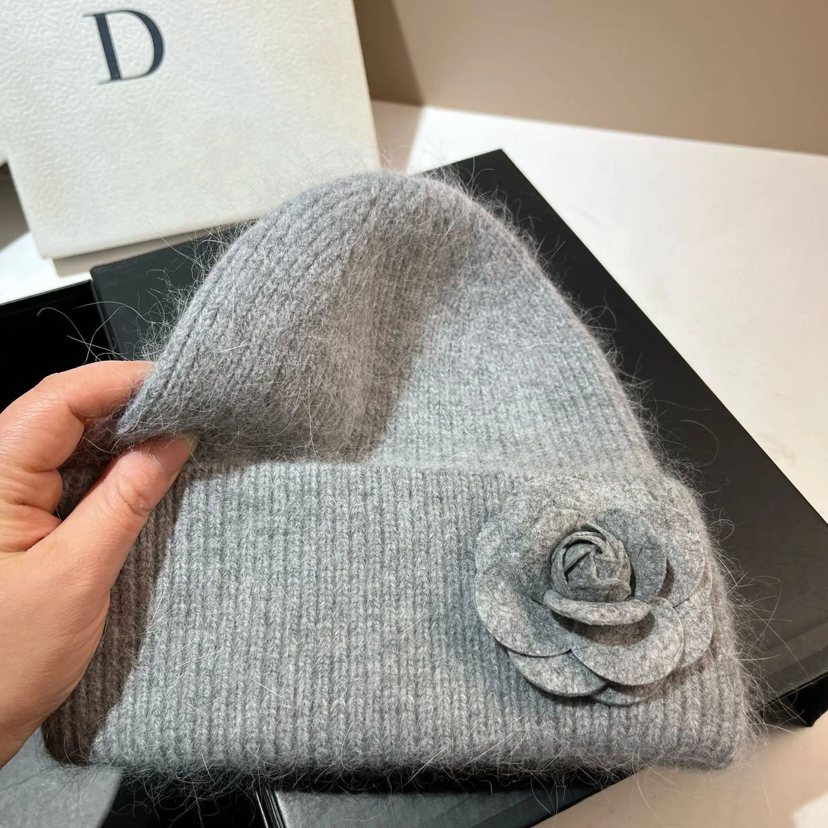 Women’s Rabbit-Fur Knit Winter Beanie – Soft Ribbed Warm Hat with Camellia Flower Detail