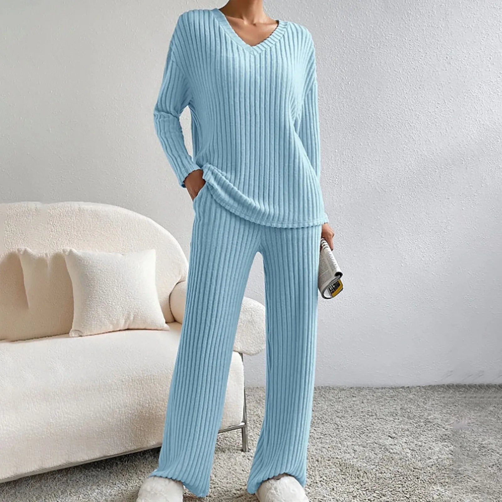 Camila | Ribbed V-Neck Top & Wide-Leg Pant Set