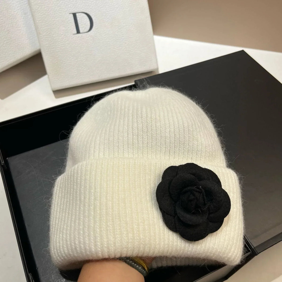 Women’s Rabbit-Fur Knit Winter Beanie – Soft Ribbed Warm Hat with Camellia Flower Detail
