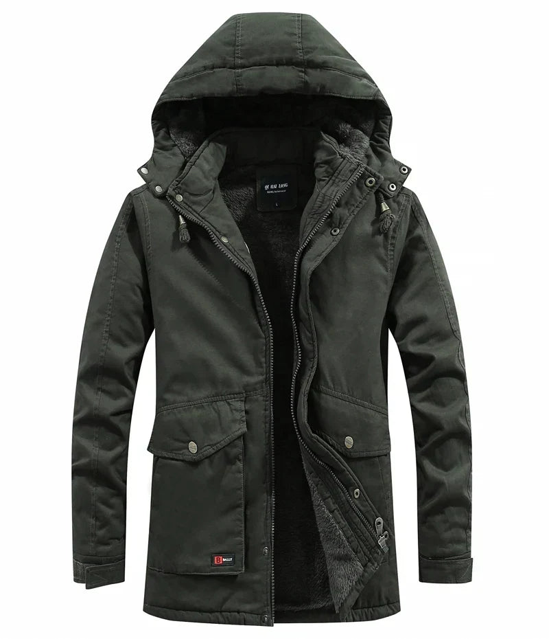 Herenwinterparka met capuchon en fleecevoering – winddichte werkjas voor dagelijks gebruik bij koud weer