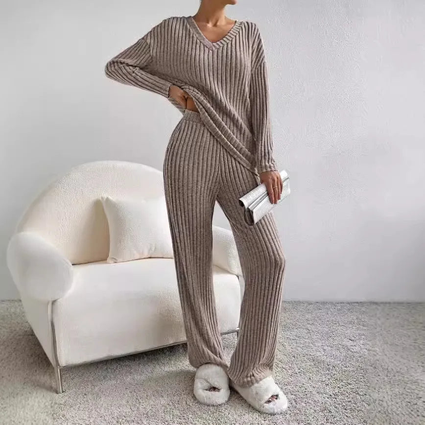 Camila | Ribbed V-Neck Top & Wide-Leg Pant Set