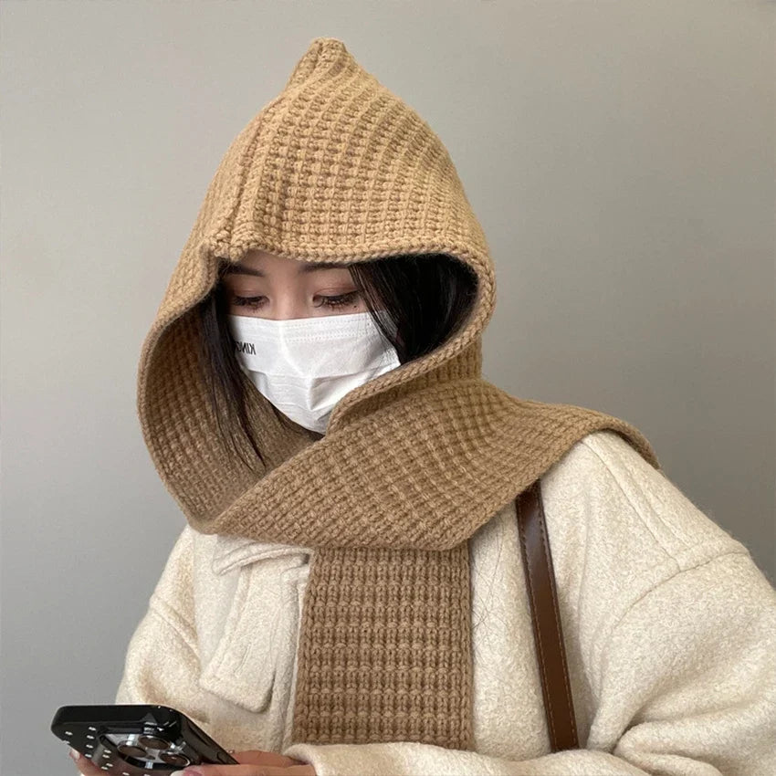 Women’s Thick Knitted Hooded Scarf – Warm Windproof Neck Wrap for Autumn and Winter Outdoor Wear