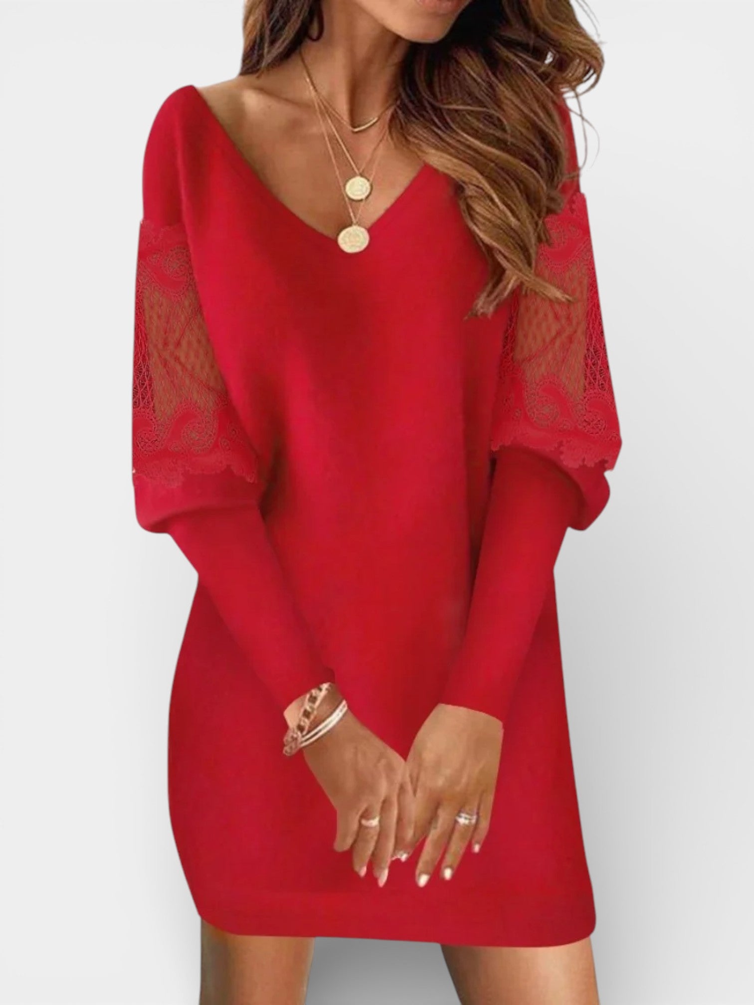 Lace-Sleeve Mid-Length Dress