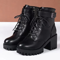Women’s Lace-Up Platform Ankle Boots – Chunky Block Heel Side-Zip Winter Boots