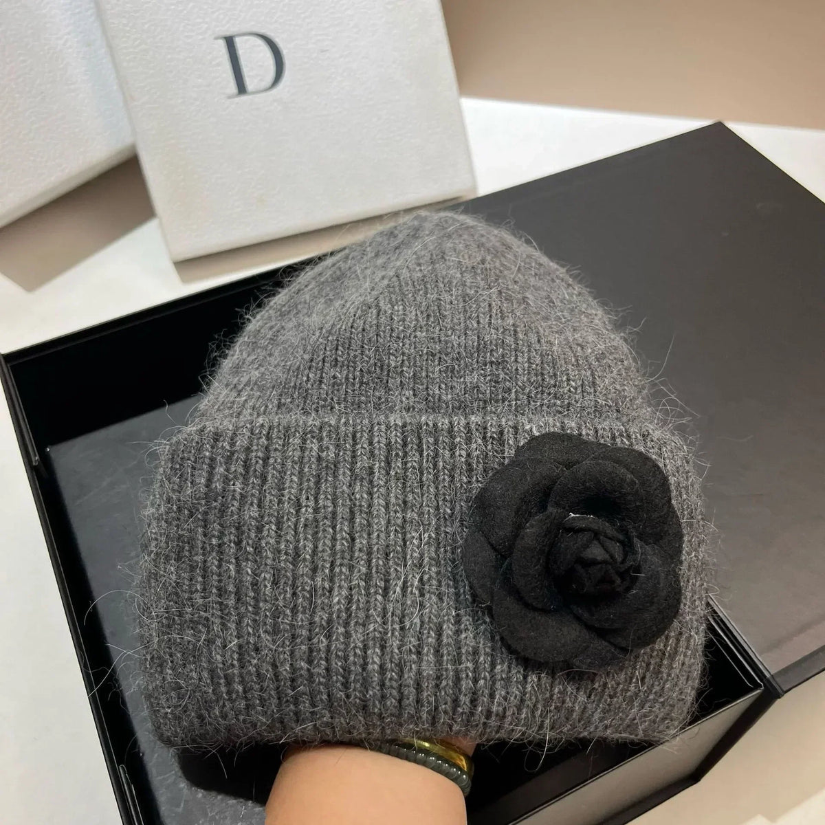 Women’s Rabbit-Fur Knit Winter Beanie – Soft Ribbed Warm Hat with Camellia Flower Detail