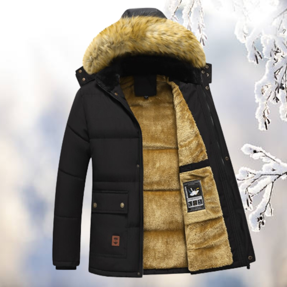 Men’s Fur-Trimmed Hooded Winter Parka – Warm Fleece-Lined Layer for Everyday City Wear Outdoor Walks Travel and Cold-Weather Styling