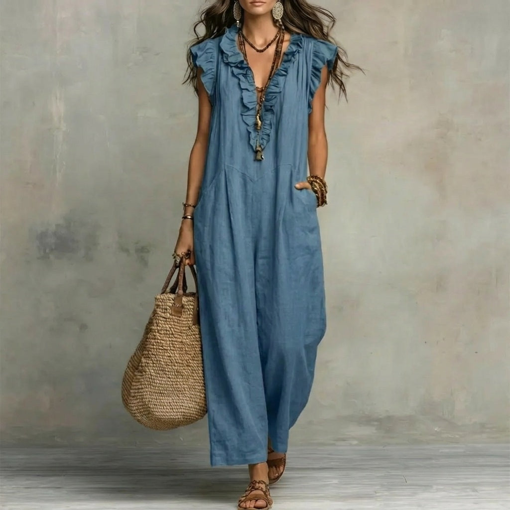Josefina™  | Long linen-textured dress with a V-neck and ruffles