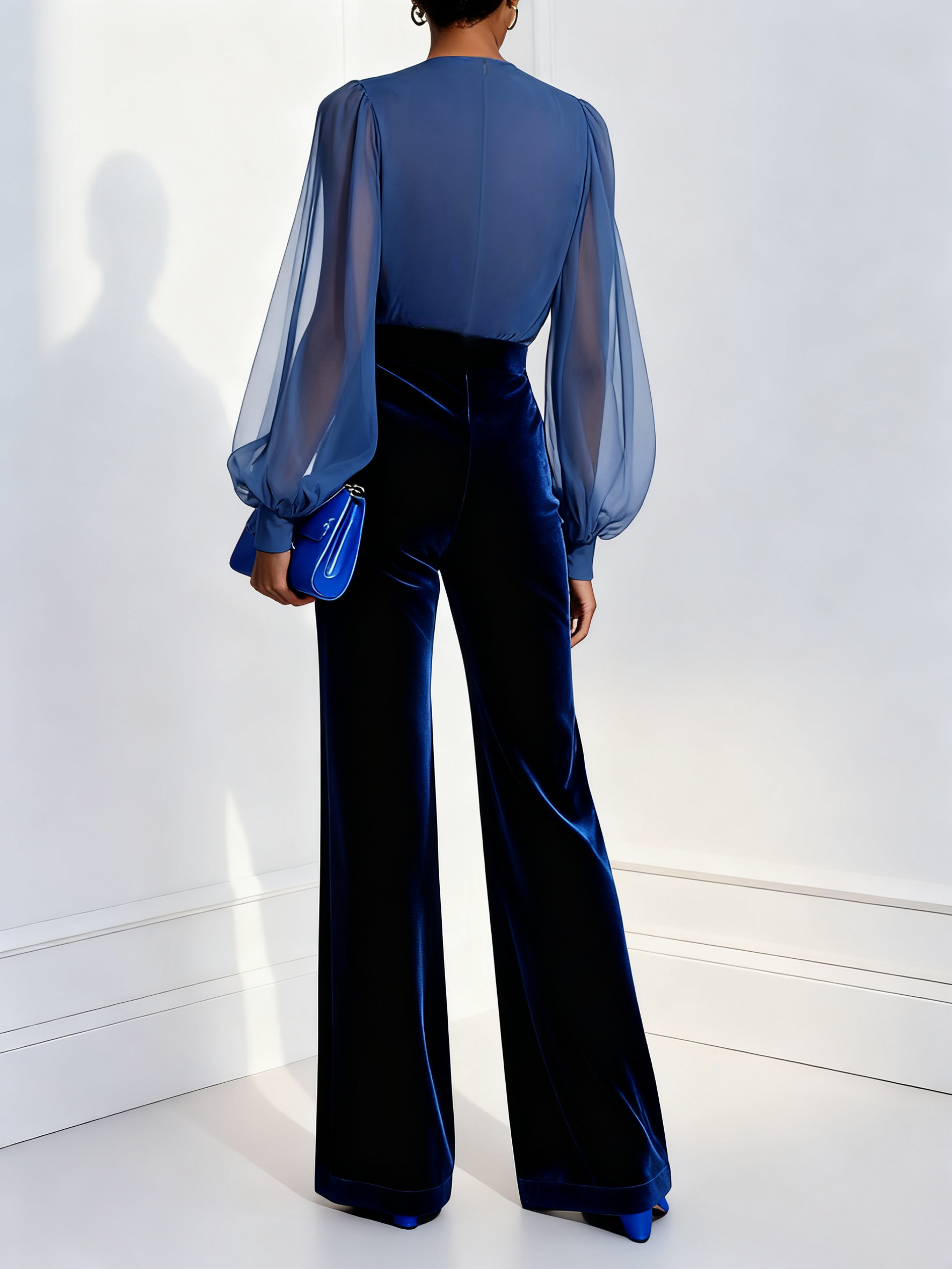 Blue mesh V-neck long sleeve velvet jumpsuit