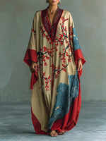 Japanese Red Plum Blossom Maxi Dress with Batwing Sleeves and Print