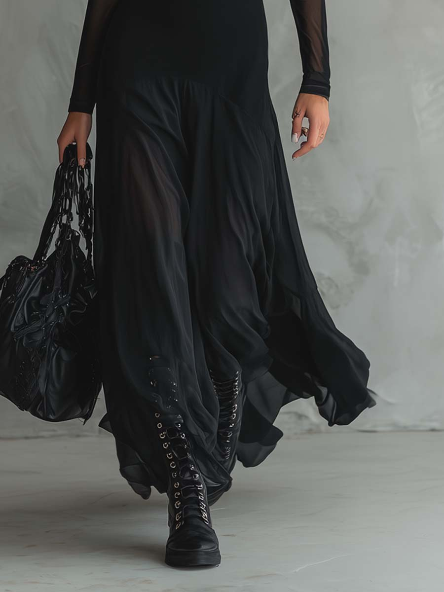 Maxi Loose-fit Dress in Black Tulle