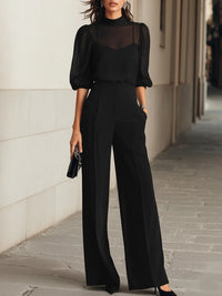 Valentina - Three-Piece Black Set, Comprising a Sheer Camisole Top and Wide-Leg Pants
