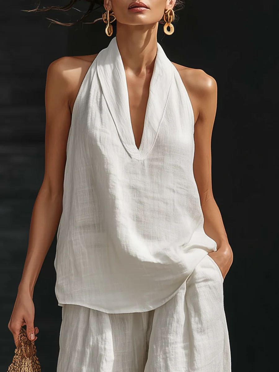 Amelia | Faux Linen V-Neck Top & Wide-Leg Pants Set