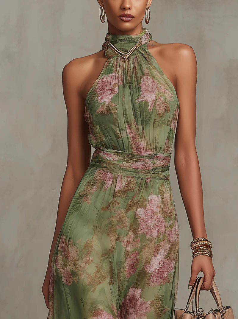 Serena - Long green floral chiffon dress with halter neck
