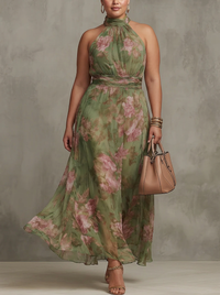 Florence | Green Floral Chiffon Halter Maxi Dress