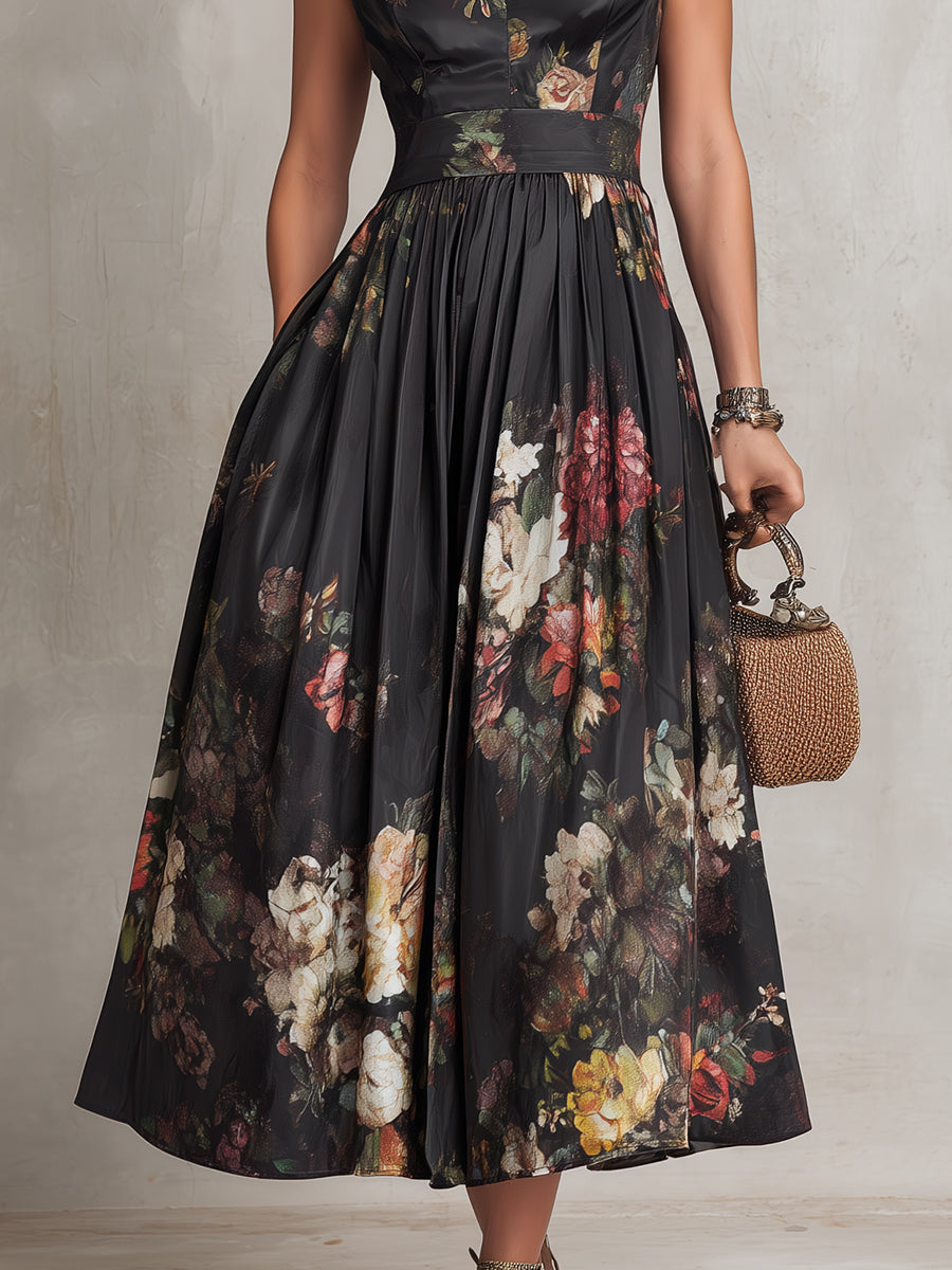 Violetta - Black midi dress in pleated satin with floral pattern and keyhole collar