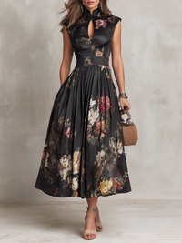 Violetta - Black midi dress in pleated satin with floral pattern and keyhole collar