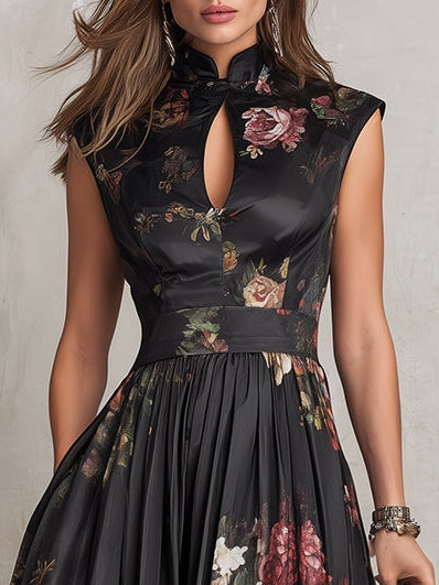 Violetta - Black midi dress in pleated satin with floral pattern and keyhole collar