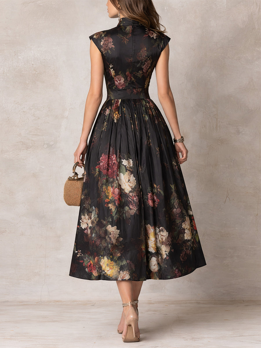 Violetta - Black midi dress in pleated satin with floral pattern and keyhole collar