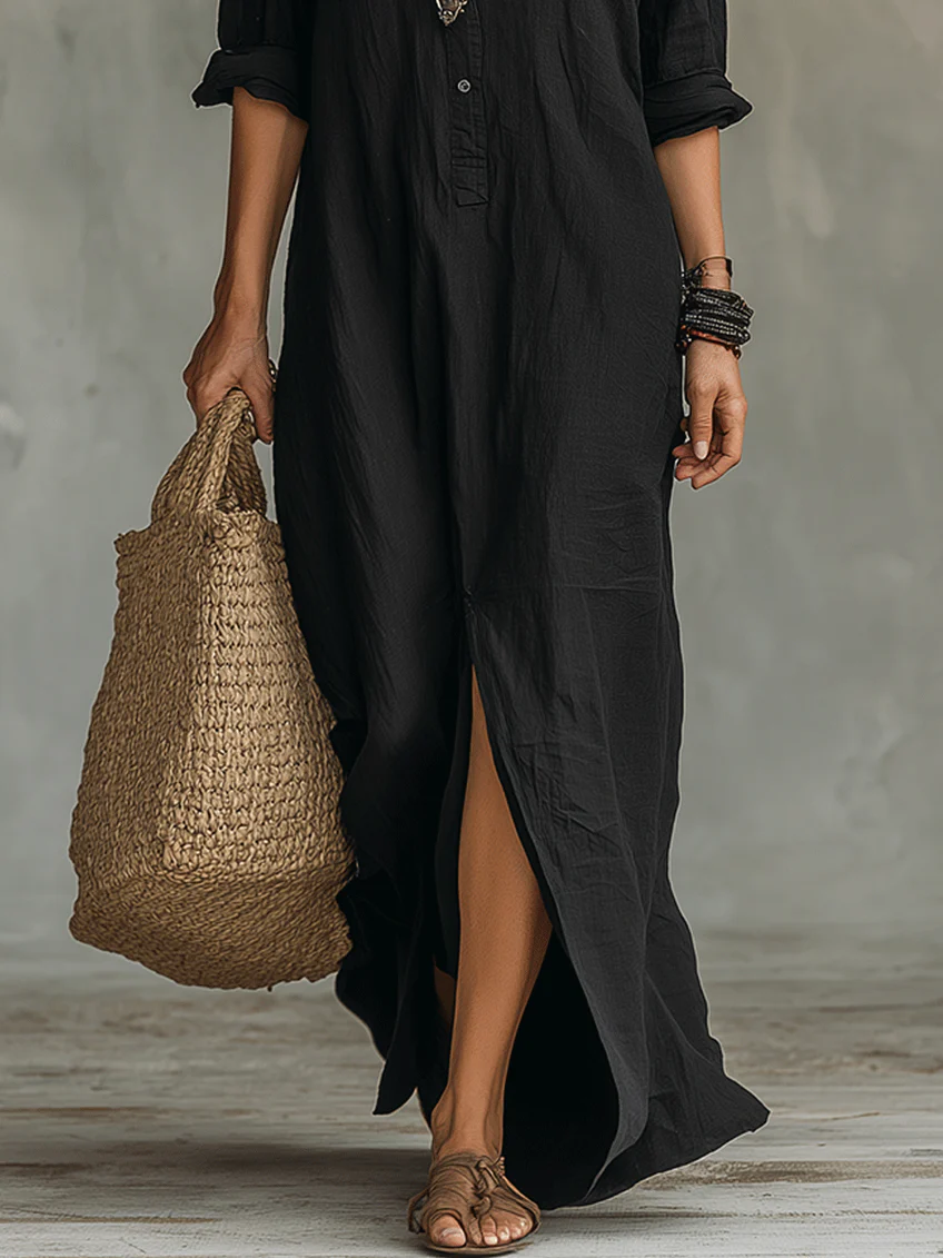 Soline™ | Black Wide Maxi Dress with Buttons