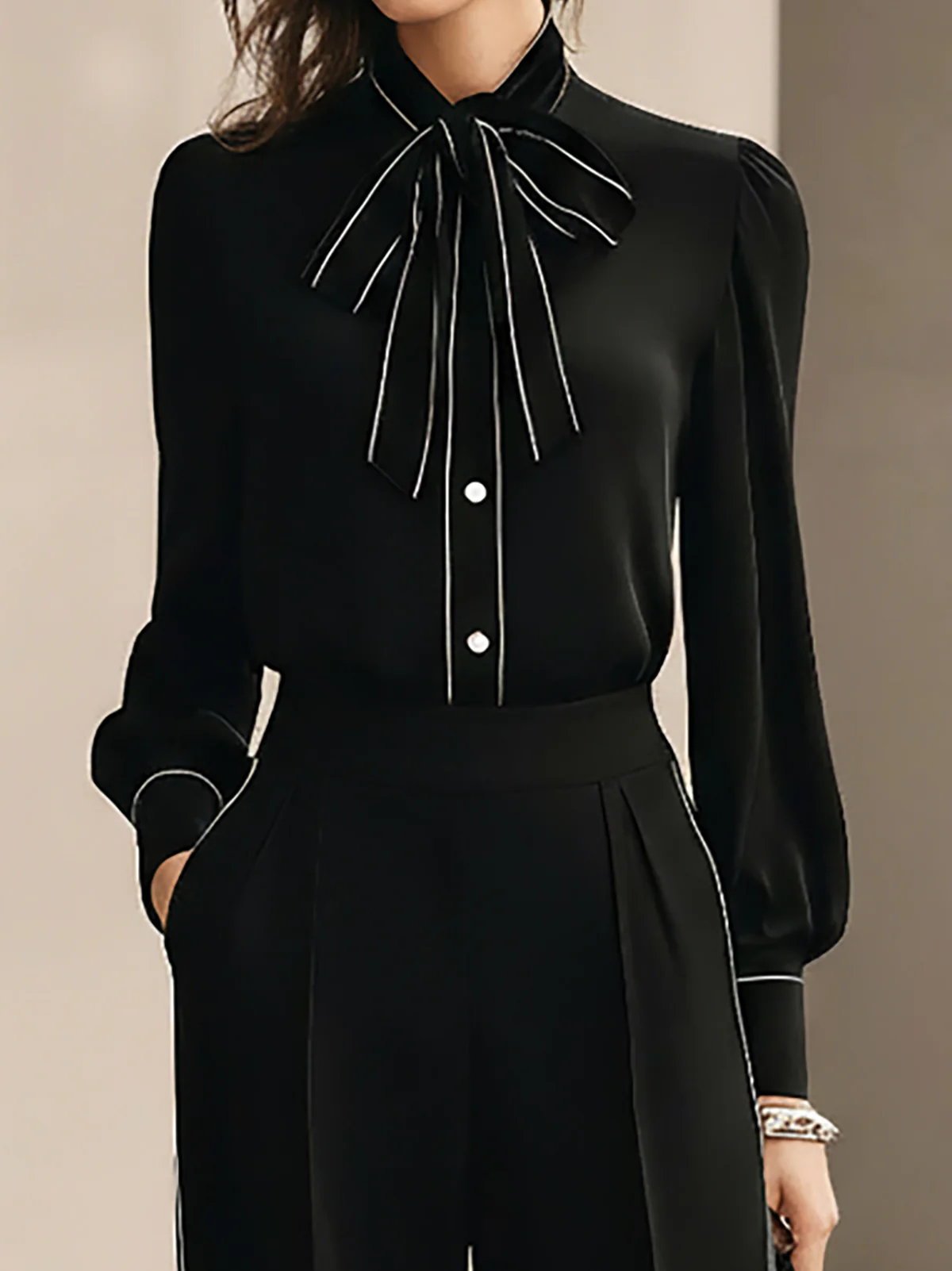 Camila Bow-tie Blouse and Wide-leg Trousers Set