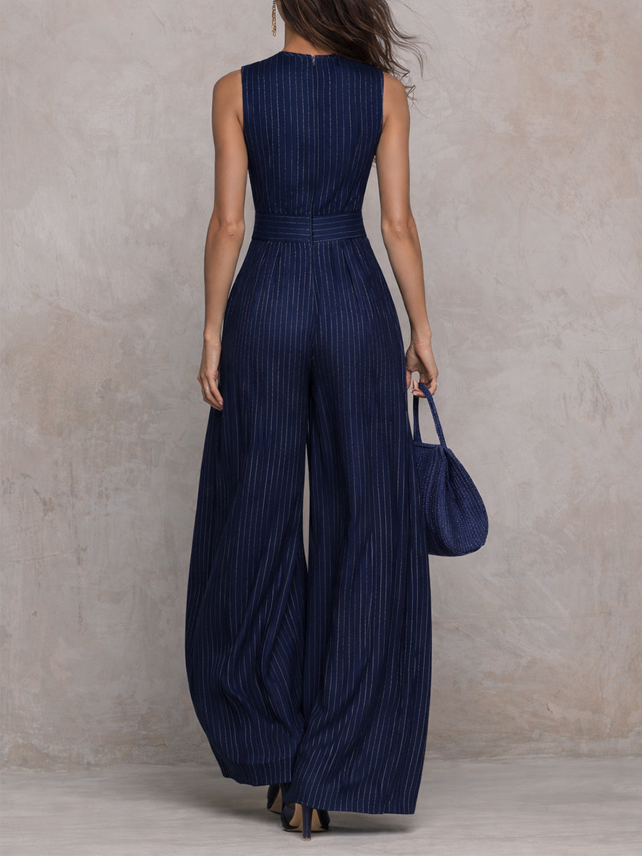 Anna - Dark blue striped jumpsuit with keyhole neckline and wide-leg pants