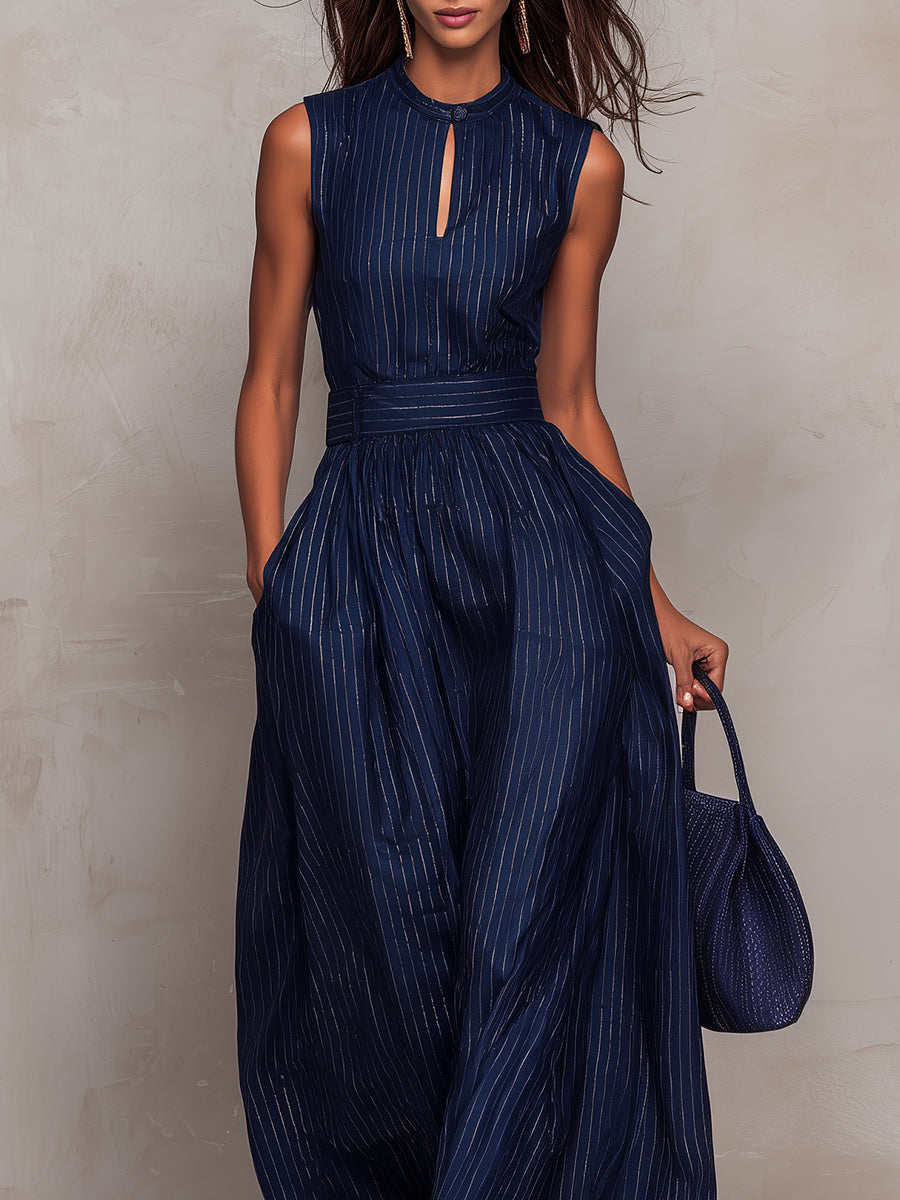 Anna - Dark blue striped jumpsuit with keyhole neckline and wide-leg pants