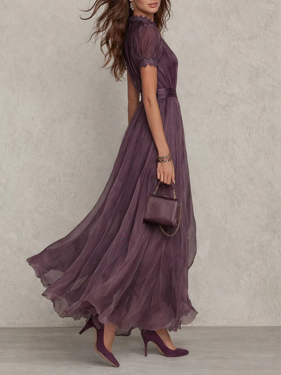 Flavia - Long Purple Dress with a Keyhole Neckline and Chiffon Lace Trim