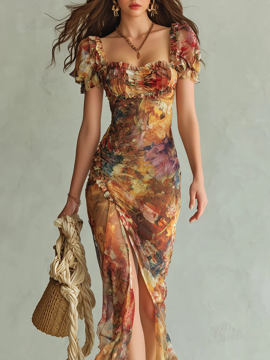 Viola - Long orange chiffon dress with bohemian oil painting print
