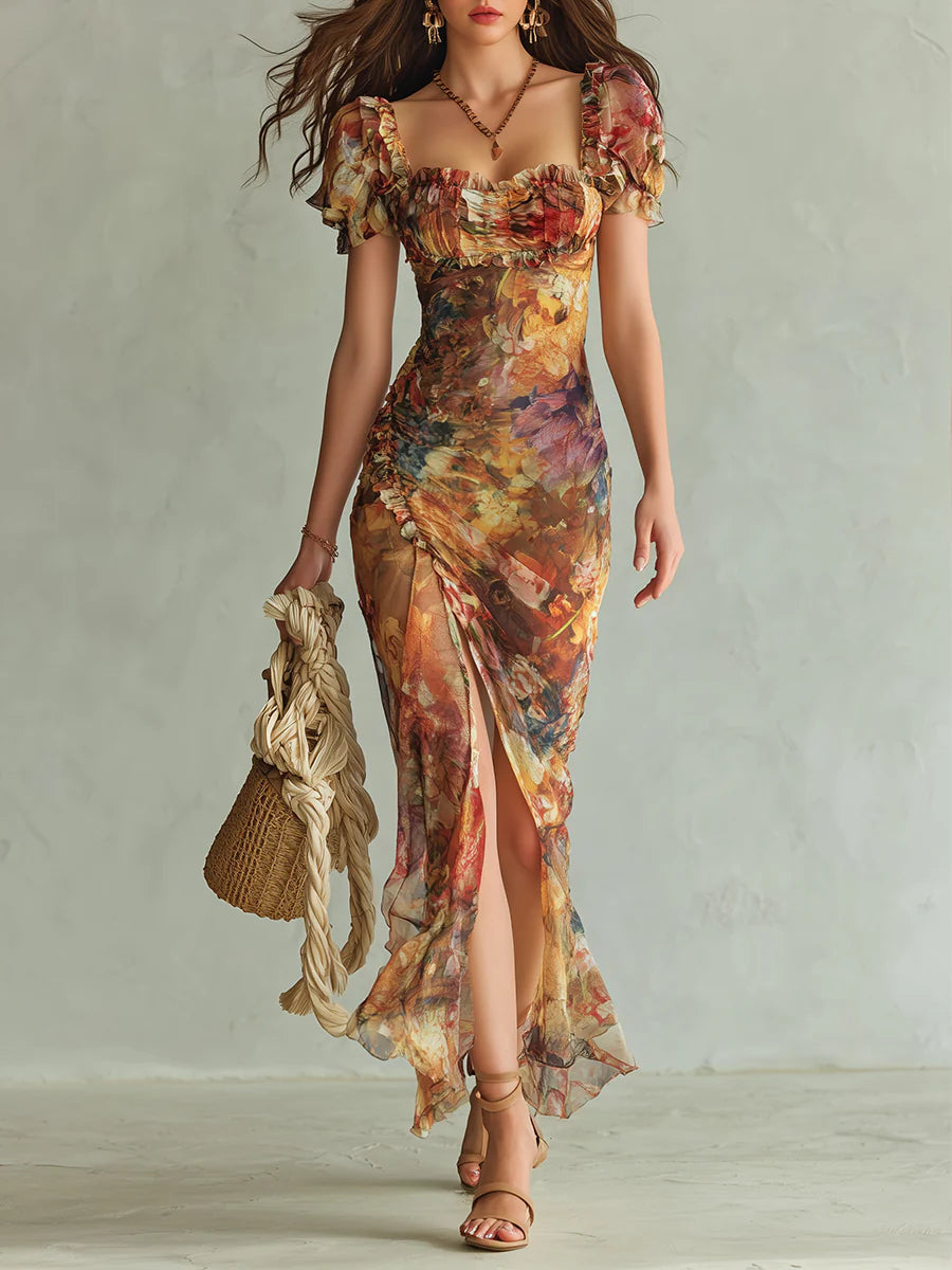 Viola - Long orange chiffon dress with bohemian oil painting print