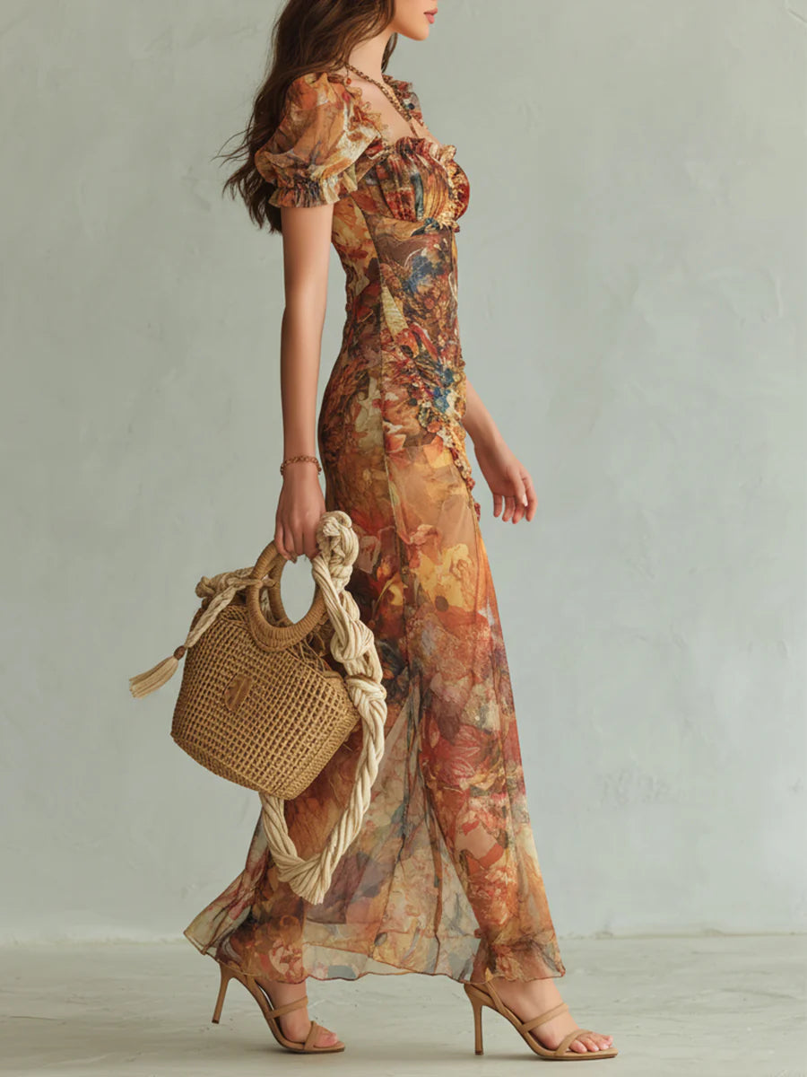 Viola - Long orange chiffon dress with bohemian oil painting print