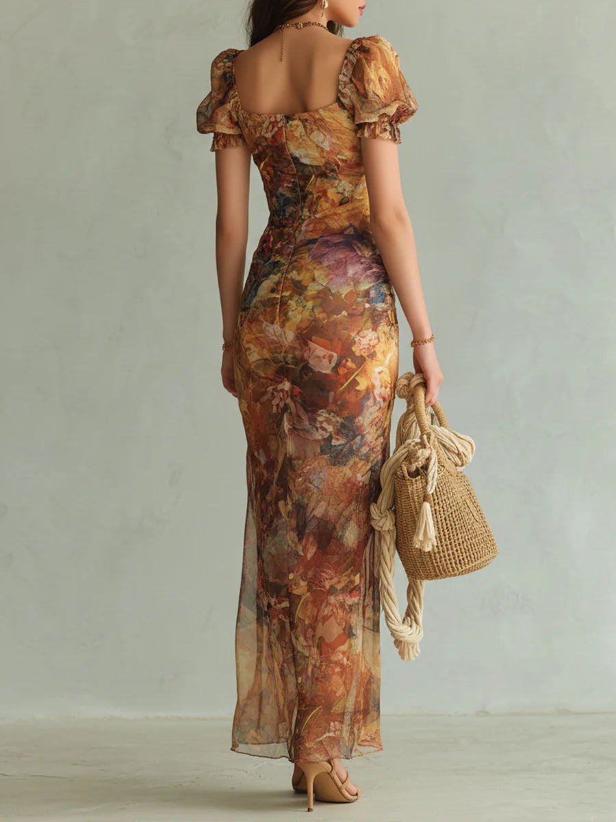 Marisol | Chiffon Maxi Dress with Oil-Painting Floral Print
