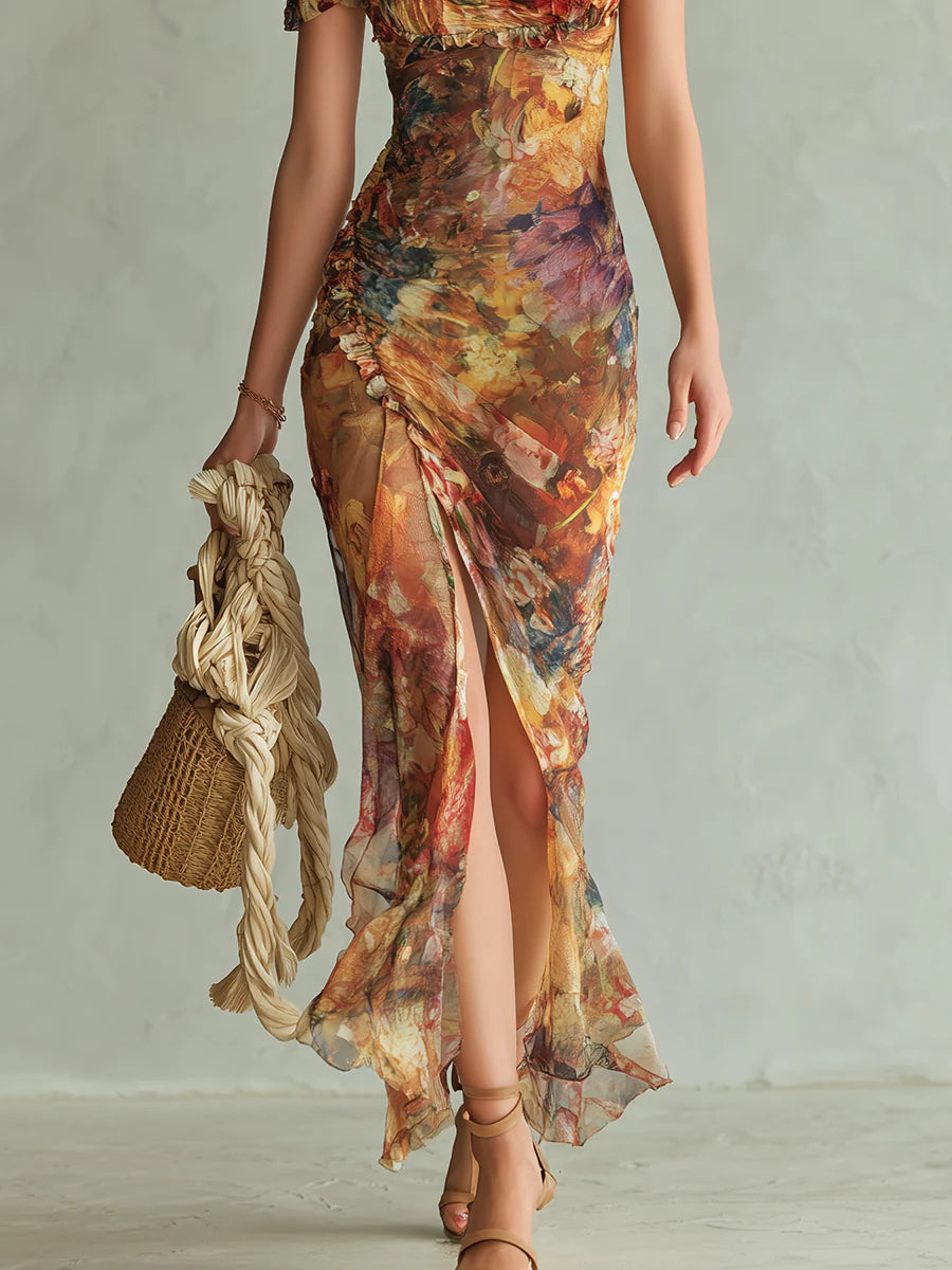 Marisol | Chiffon Maxi Dress with Oil-Painting Floral Print