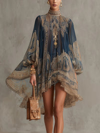 Teresa | Asymmetrical Mini Dress in Chiffon with Navy Baroque Print and Stand Collar