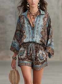 Serena | Button-Down Shirt & Drawstring Shorts, Baroque Print