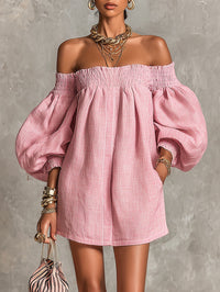 Laura | Pink A-line Mini Dress with Off-the-Shoulder and Lantern Sleeves