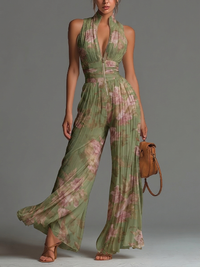 Chiffon Floral Green Jumpsuit with V-Neck, Sleeveless, with Zipper and Pleats, Wide Leg