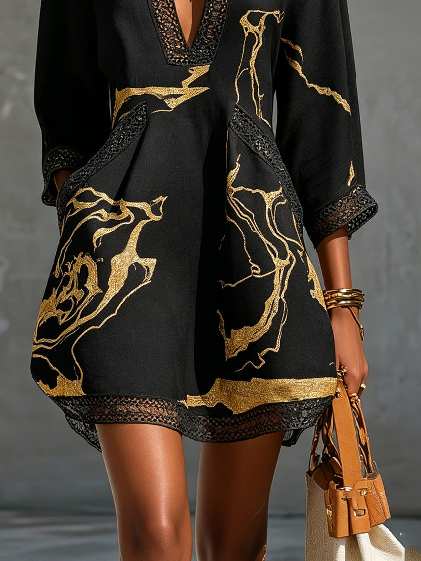 Irena | Black Crochet Lace Mini Dress with Golden Patterns and V-Neck