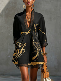 Irena | Black Crochet Lace Mini Dress with Golden Patterns and V-Neck