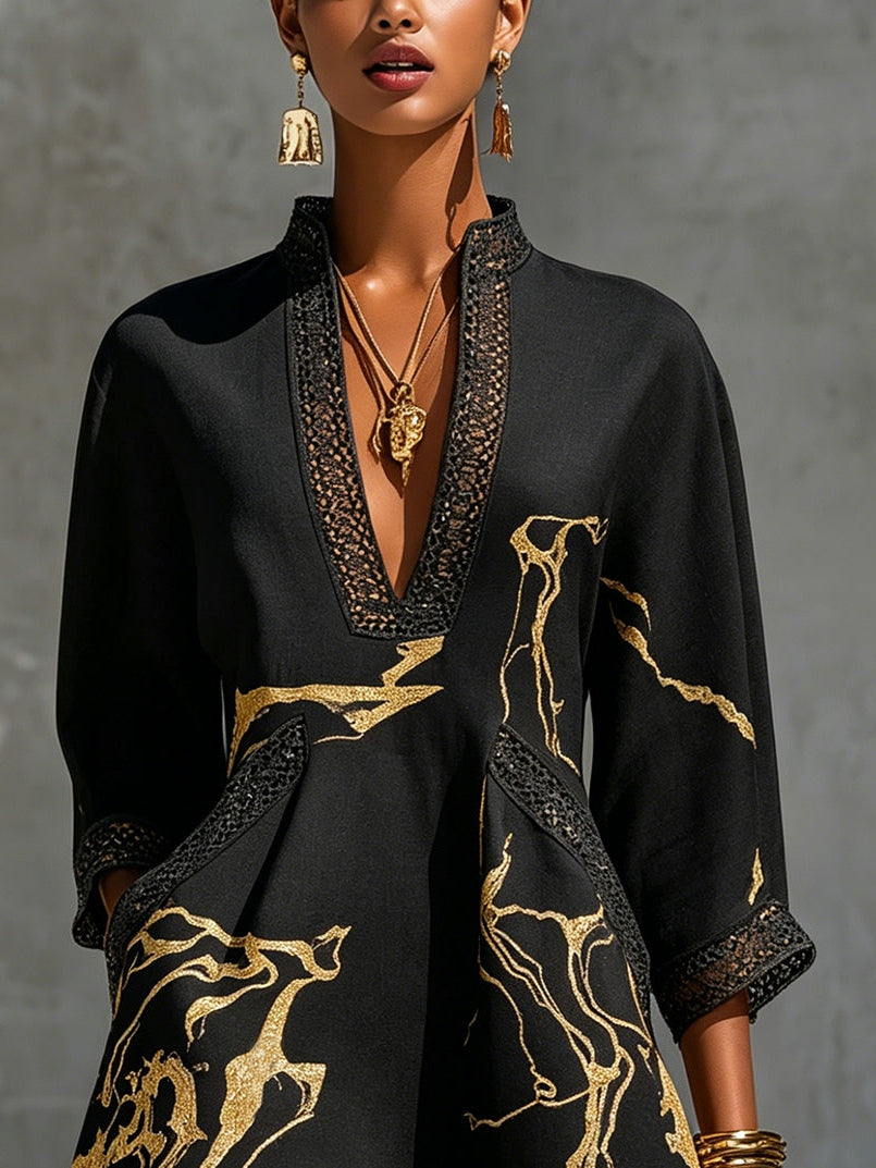 Irena | Black Crochet Lace Mini Dress with Golden Patterns and V-Neck