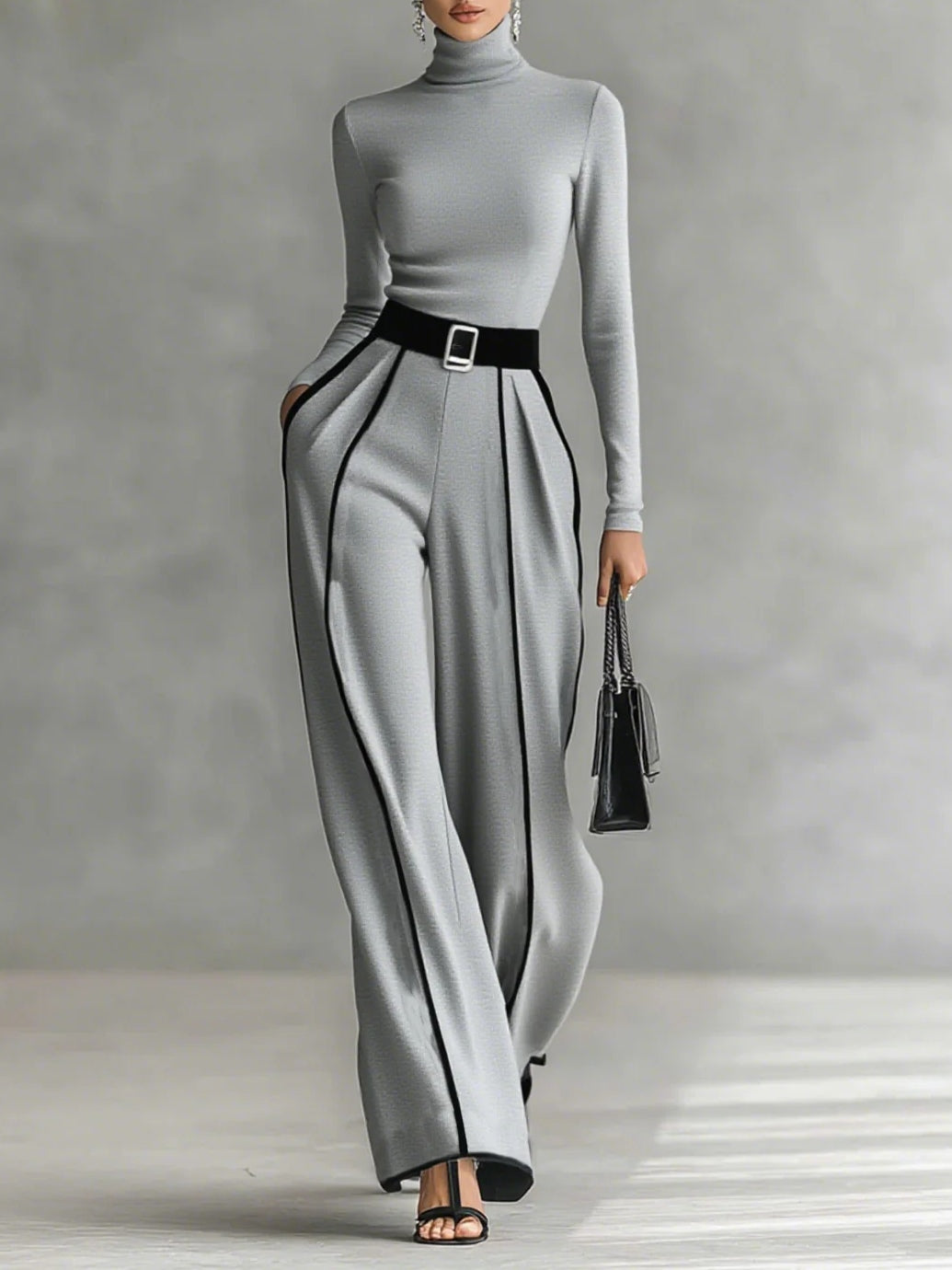 M&H | Turtleneck Top & Wide-Leg Pants Set with Contrasting Trim