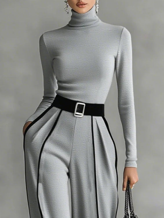 M&H | Turtleneck Top & Wide-Leg Pants Set with Contrasting Trim