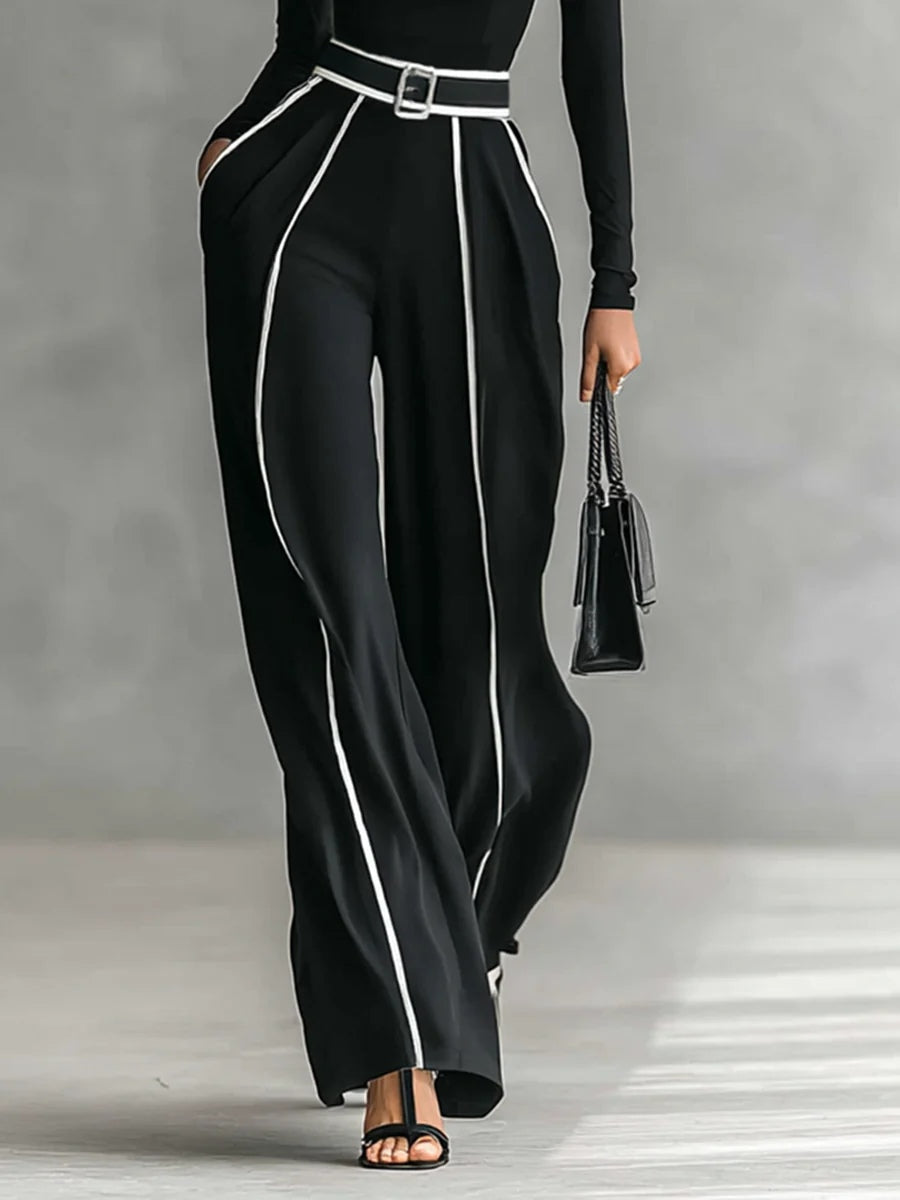 M&H | Turtleneck Top & Wide-Leg Pants Set with Contrasting Trim