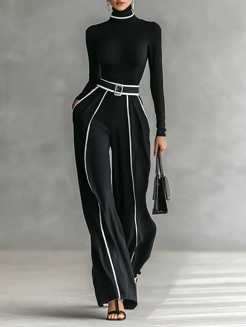 M&H | Turtleneck Top & Wide-Leg Pants Set with Contrasting Trim