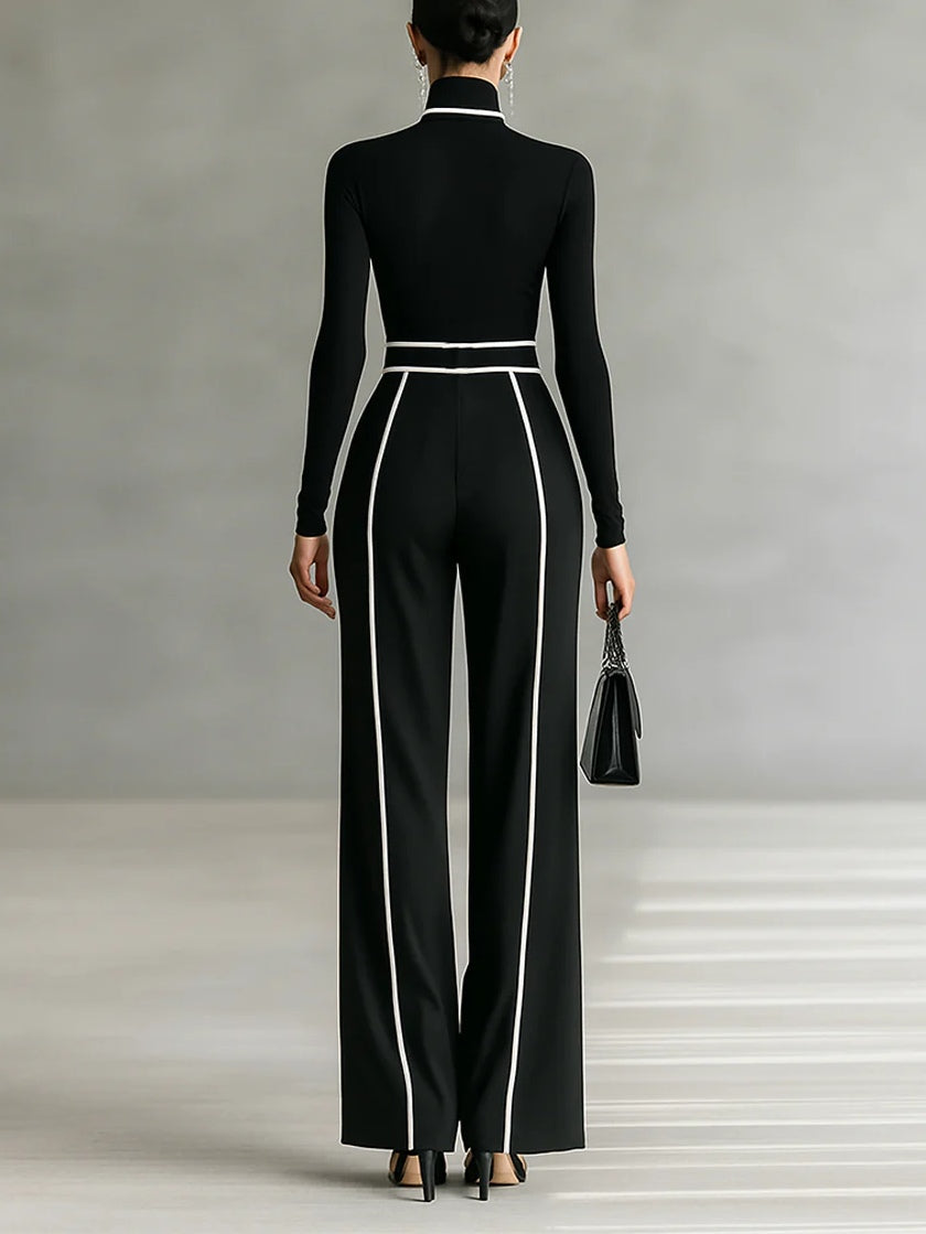 M&H | Turtleneck Top & Wide-Leg Pants Set with Contrasting Trim